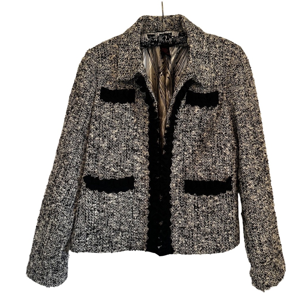 DStudio Womens Black White Tweed Wool Blend Ruffle Lace Trim Blazer Jacket 14